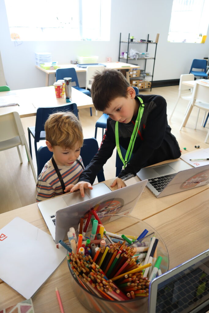 Student taking the lead and teaching another student something on a laptop